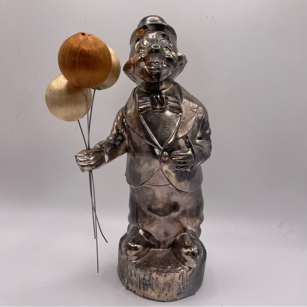 Vintage silver-plated Leonard the Clown bank. Pre-owned. 3 silk covered balloon